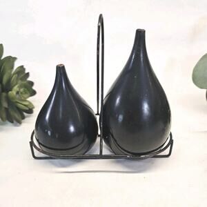 Mid Century Takahashi Black Lacquered Teardrop Salt & Pepper Shakers With Stand!
